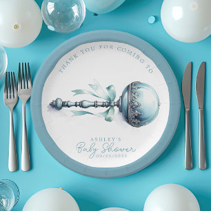 Prato De Papel Bebê Azul Elegante Chocalho Menino Chá de Bebê