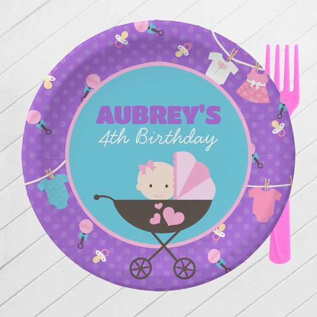 Prato De Papel Bebê Boneca Aniversário de Placas de Papel Persona (Personalized Baby Doll Birthday  Party Paper Plates in Purple, Pink and Teal Blue. 2 Sizes Available)