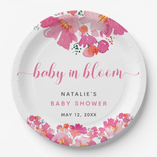 Prato De Papel Bebê com Chá de fraldas Floral Rosa Sanguíneo Aqua (Frente)