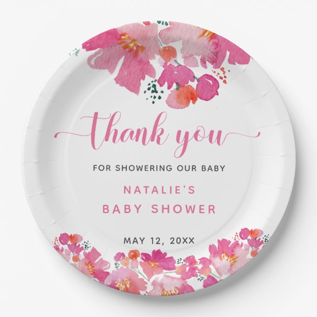 Prato De Papel Bebê com Chá de fraldas Floral Rosa Sanguíneo Wate (Frente)