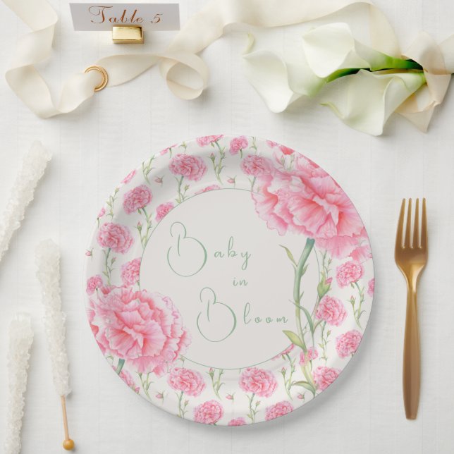 Prato De Papel Bebê de Cravo Rosa no Chuveiro de Bebê em Flor  (Casamento)