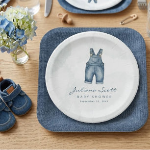 Prato De Papel Bebê de Jeans Azul Aguarela Churrasco de Denim