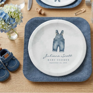 Prato De Papel Bebê de Jeans Azul Aguarela Churrasco de Denim