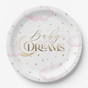 Prato De Papel Bebê dos nossos Sonhos Lua e Estrelas Rosa Chás de