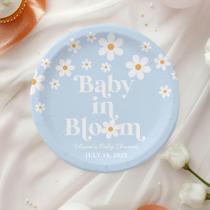 Prato De Papel Bebê em Flor! Chuveiro de Bebê azul retro margarid