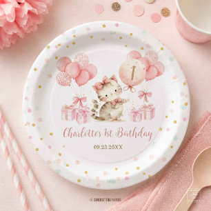 Prato De Papel Bebê Gatinho Gato Balões Rosa 1º 2º 3º Aniversário