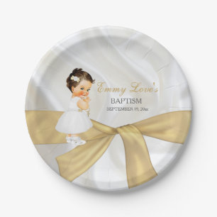 Prato De Papel Bebê Menina Batismo Christening Dourado White