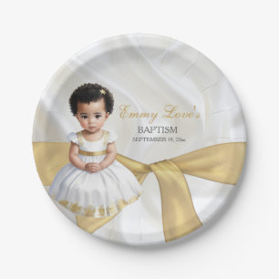 Prato De Papel Bebê Menina Batismo Christening White e Dourado