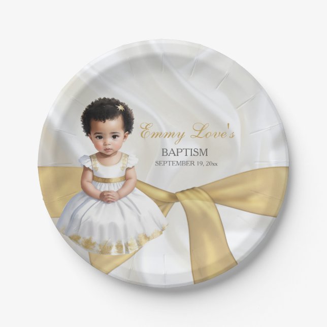 Prato De Papel Bebê Menina Batismo Christening White e Dourado (Frente)