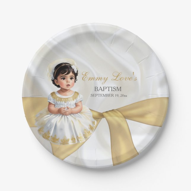 Prato De Papel Bebê Menina Batismo Christening White e Dourado (Frente)