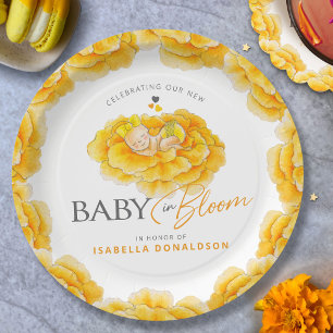 Prato De Papel Bebê no Bloom, chá de fraldas amarelo-aquarela