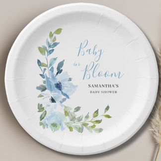 Prato De Papel Bebê No Chá de fraldas De Blogue Azul Floral