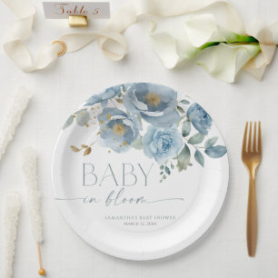 Prato De Papel Bebê no chá de fraldas floral azul de Bloom Dusty