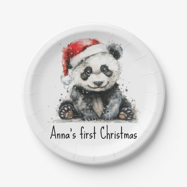 Prato De Papel bebê panda vestindo chapéu de natal, personalizáve (Frente)