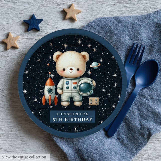 Prato De Papel Bebê personalizado do urso de pelúcia (Personalized Teddy Bear Astronaut Baby Boy Paper Plates)