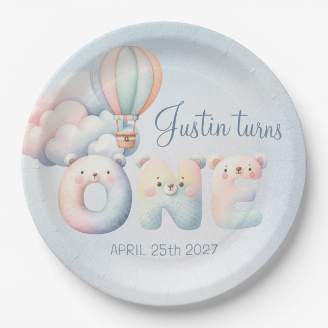 Prato De Papel Bebê primeiro aniversario teddybear balão de ar qu (Frente)