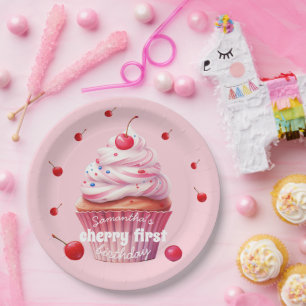 Prato De Papel Bebê Rosa Primeira Cereja e Festa de aniversário C