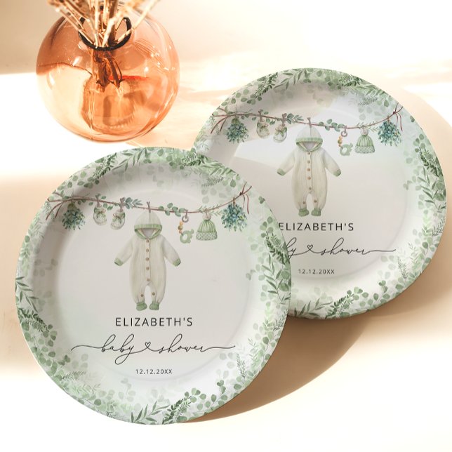 Prato De Papel Bebê Roupas Boho Eucalyptus Chá de fraldas (Criador carregado)