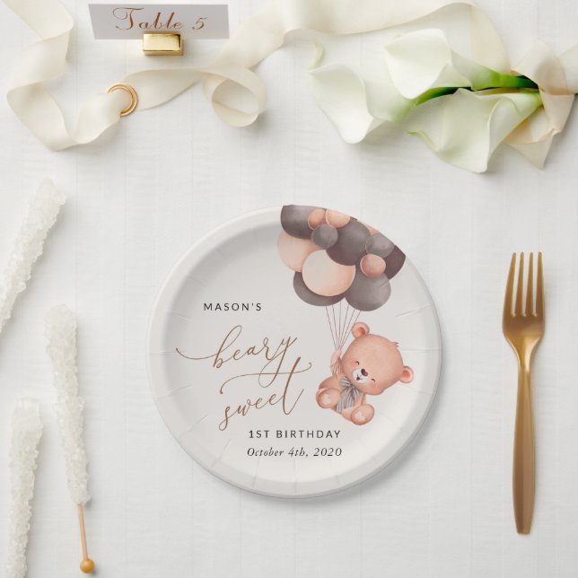 Prato De Papel Bebê Urso, Balões Marrons, Primeiro Aniversário (Casamento)
