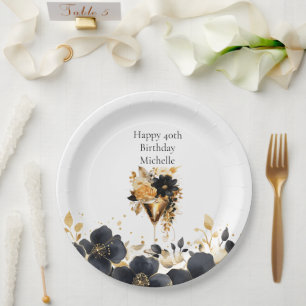 Prato De Papel Bebidas de Cocktail Floral Ouro Preto Aniversário 