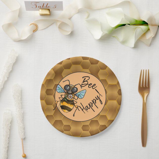 Prato De Papel Bee Happy! Abelha Mel Bonita (Casamento)