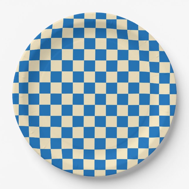 Prato De Papel bege + Blue Check Checkered Checkerboard Padrão (Frente)