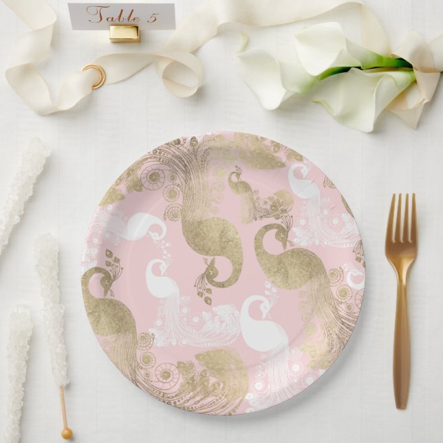 Prato De Papel Bege rosa dourado real pavão  (Casamento)