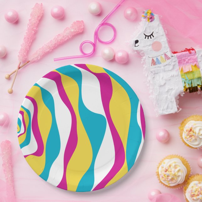 Prato De Papel Bei e Fluxo 4 - Turquesa, Amarelo, Rosa e Branco (Festa)