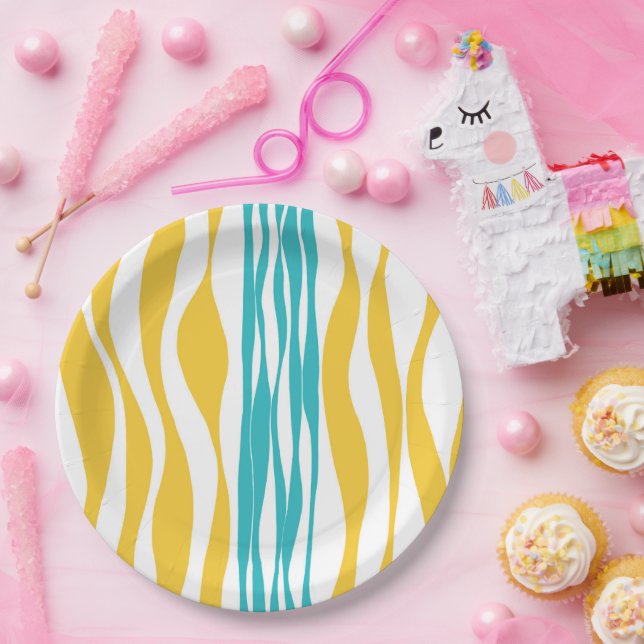 Prato De Papel Bei e Fluxo - Turquesa e Amarelo (Festa)