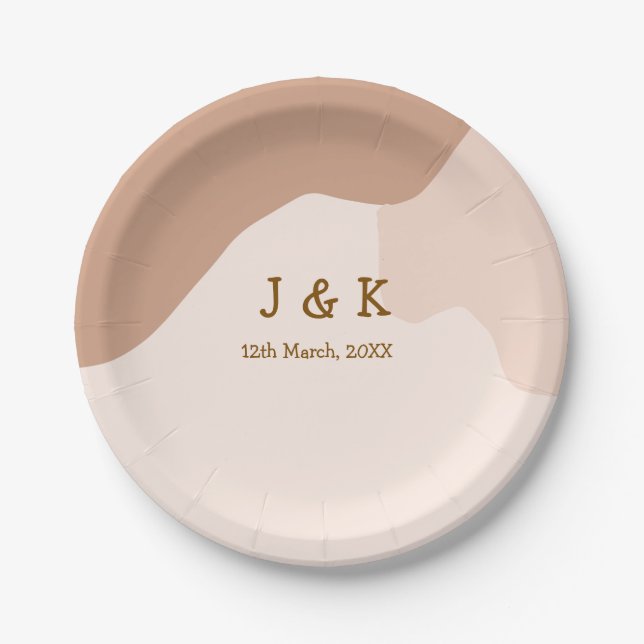 Prato De Papel Beige boho curvado nome do casamento laranja (Frente)