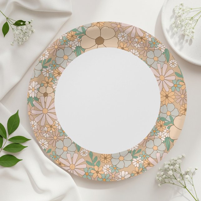 Prato De Papel Beige floral paper plates, Neutral party supplies (Criador carregado)