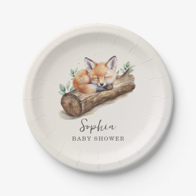 Prato De Papel Beige Woodland Fox Baby Shower Paper Plate (Frente)