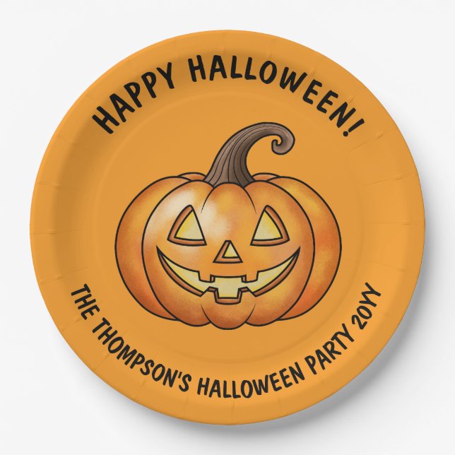 Prato De Papel Bela Cartoon Pumpkin Orange Happy Halloween (Frente)