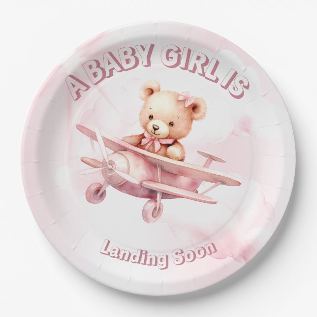 Prato De Papel Bela Menina Bear Piloto Rosa Avião Rosa Bonito (Frente)