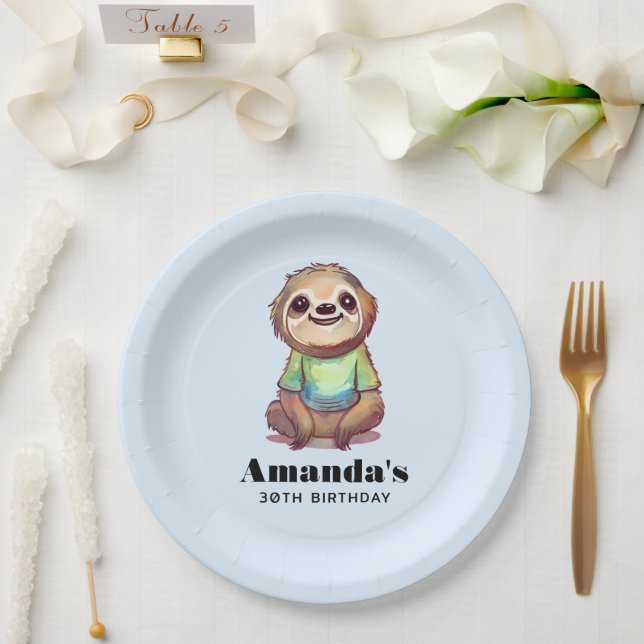 Prato De Papel Bela Sloth Vestindo Camisa Aniversário (Casamento)