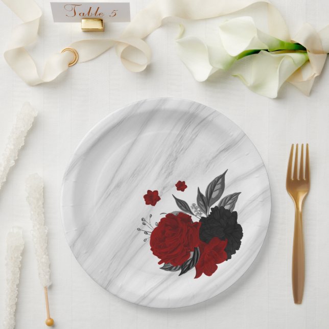 Prato De Papel Belas flores pretas e vermelhas em mármore (Casamento)