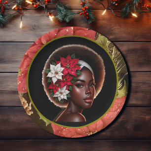 Prato De Papel Beleza Afro-Americana com Poinsettias