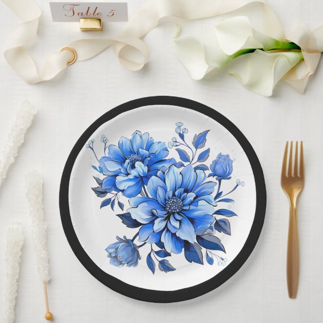 Prato De Papel Beleza Floral Azul e Branco (Casamento)