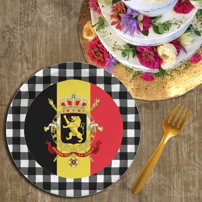 Prato De Papel Bélgica Plate, xadrez de búfalo e Bandeira belga (Criador carregado)