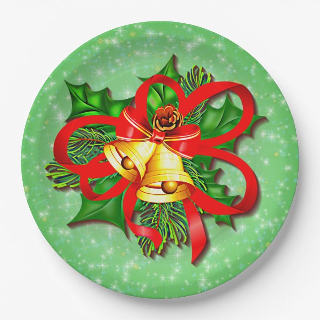 Prato De Papel Beliscos Dourados de Natal Verde Fita Vermelha Hol (Frente)