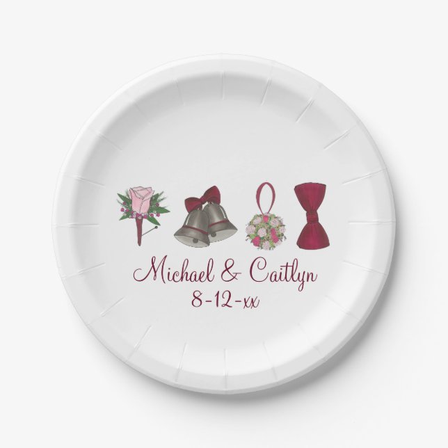 Prato De Papel Bells Bridal Rosa Flores Bowtie Plates (Frente)