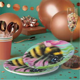 Prato De Papel Belo abelha em uma flor rosa Feche