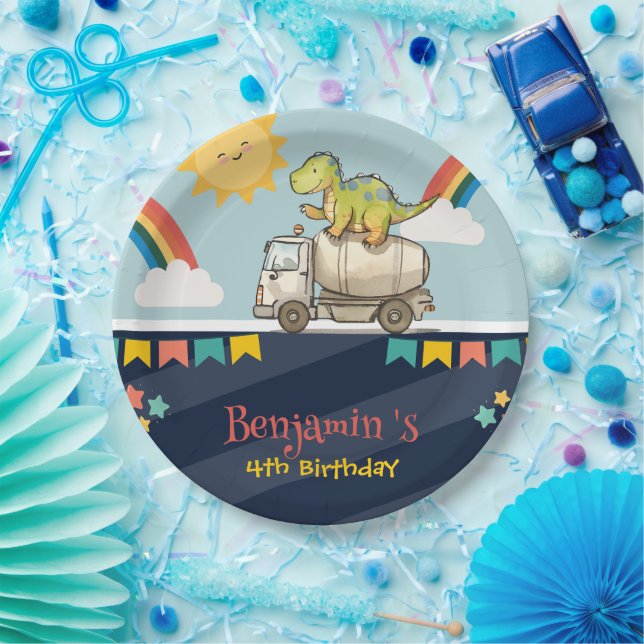 Prato De Papel Belo caminhão de cimento do dinossauro Aniversário (Festa)