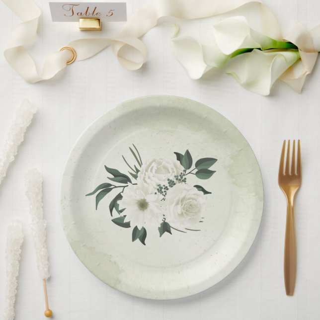 Prato De Papel belo casamento floral verde branco (Casamento)