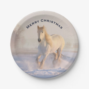 Prato De Papel Belo Cavalo Branco no Natal da Fotografia da Neve