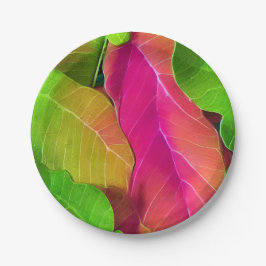 Prato De Papel Belo padrão de folha rosa e verde