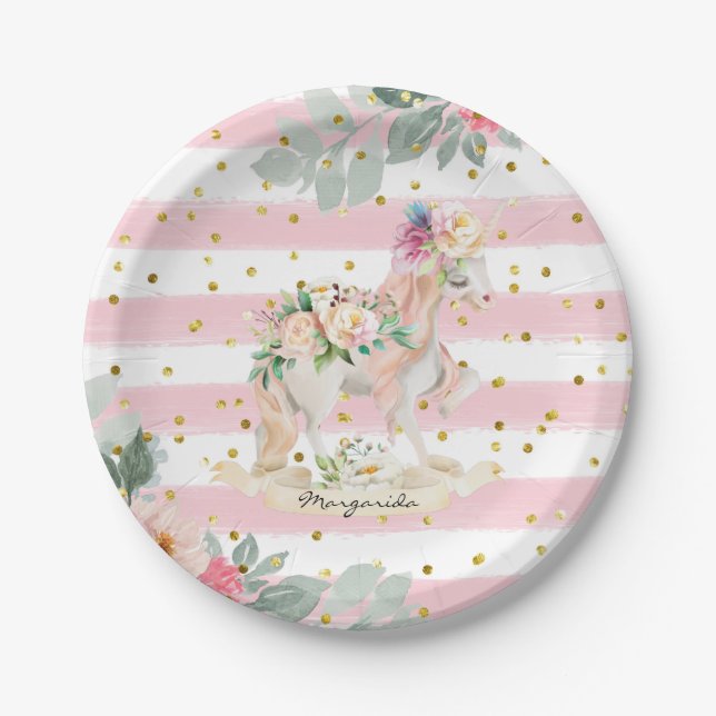 Prato De Papel Belo Pastel Pink Strips Glitter (Frente)