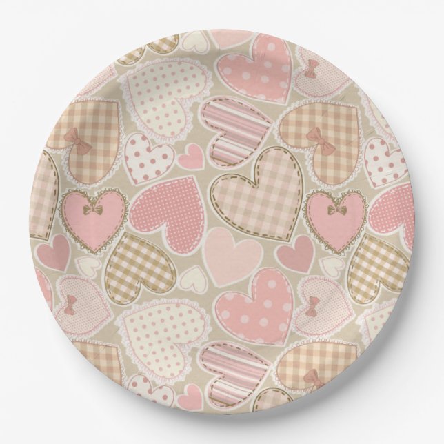 Prato De Papel Belo "Patchwork Quilt Pattern Pink Hearts" Arcos (Frente)