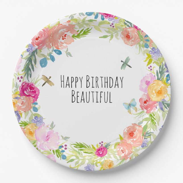 Prato De Papel Belo Pêssego Rosa Dourado Amarelo Floral (Frente)