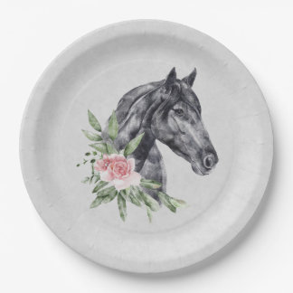Prato De Papel Belo Retrato de Cabeça de Cavalo Negro Aquarela